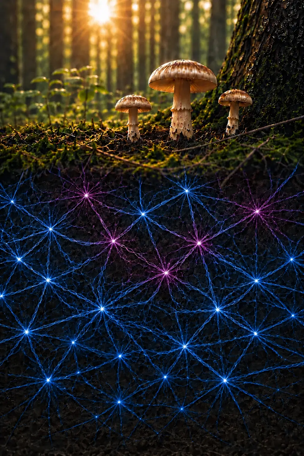 Forest mushrooms above a glowing neon mycelium network beneath the forest floor.